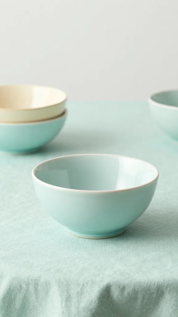 **Mint green tablecloth with ceramic pastel bowls**