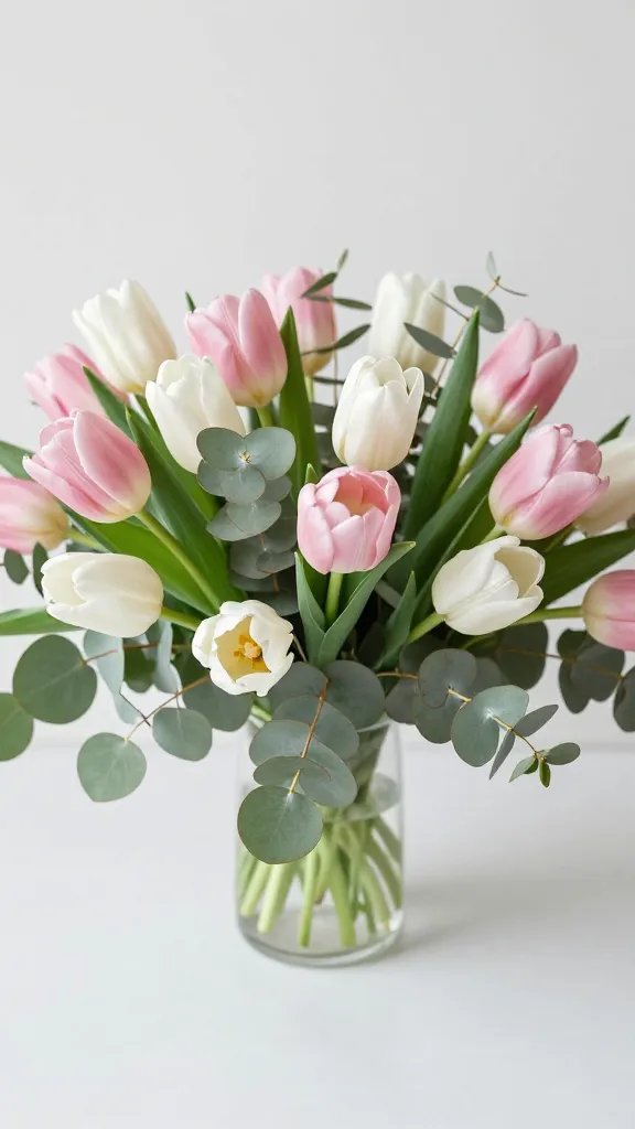 **Spring floral centerpiece with tulips and eucalyptus**