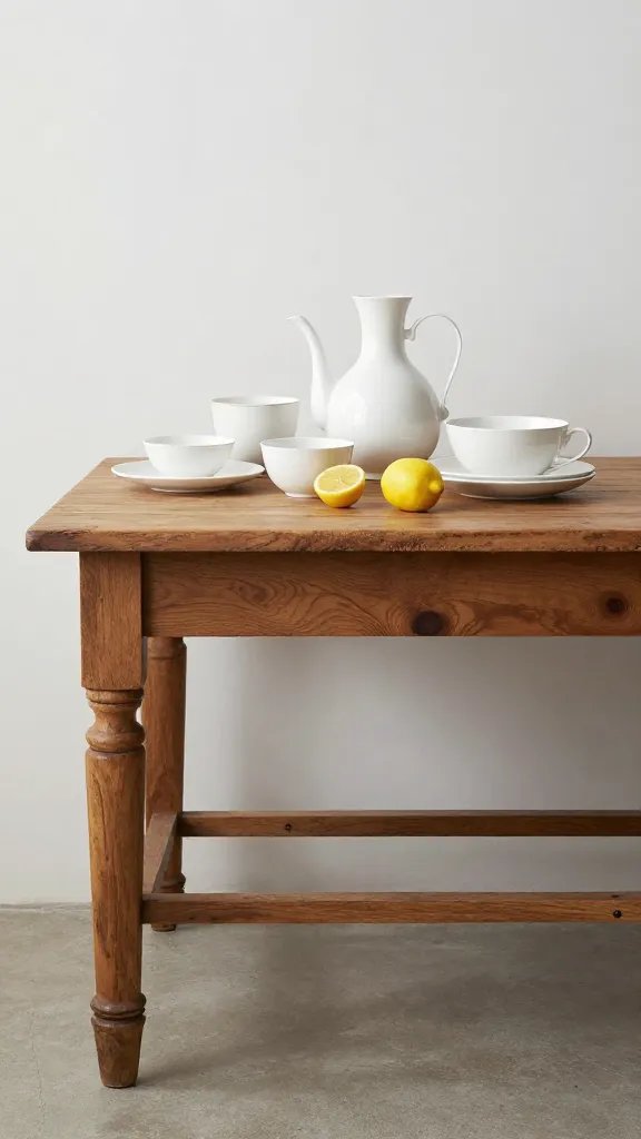 **Rustic wooden table with white china and lemons**