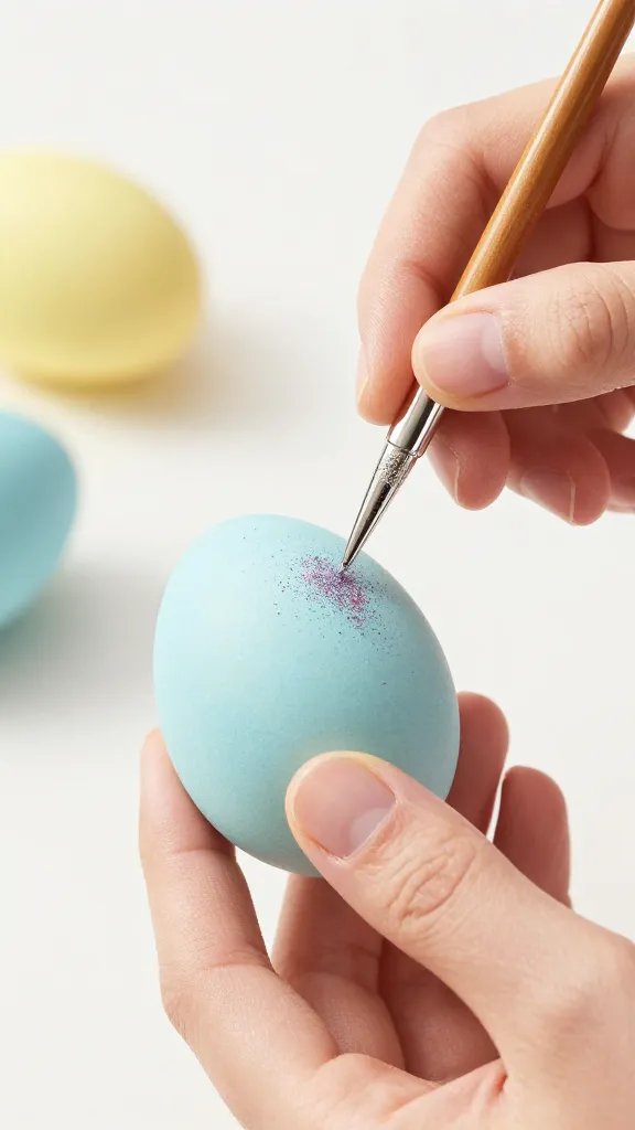 Hand applying glitter to pastel Easter egg.
