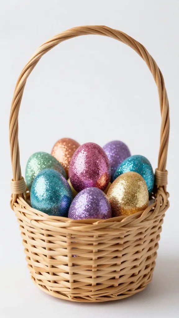 Elevated glitter eggs in elegant Easter basket.