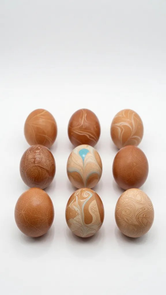 Handmade marbled eggs, gallery-style presentation.