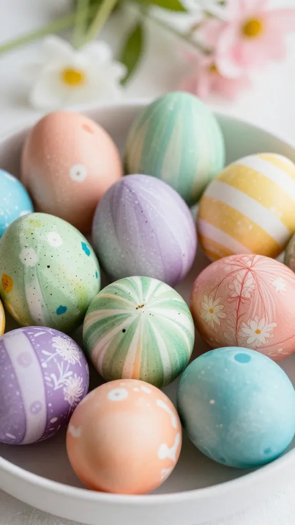 Spring table decor, exquisite marbled Easter eggs.
