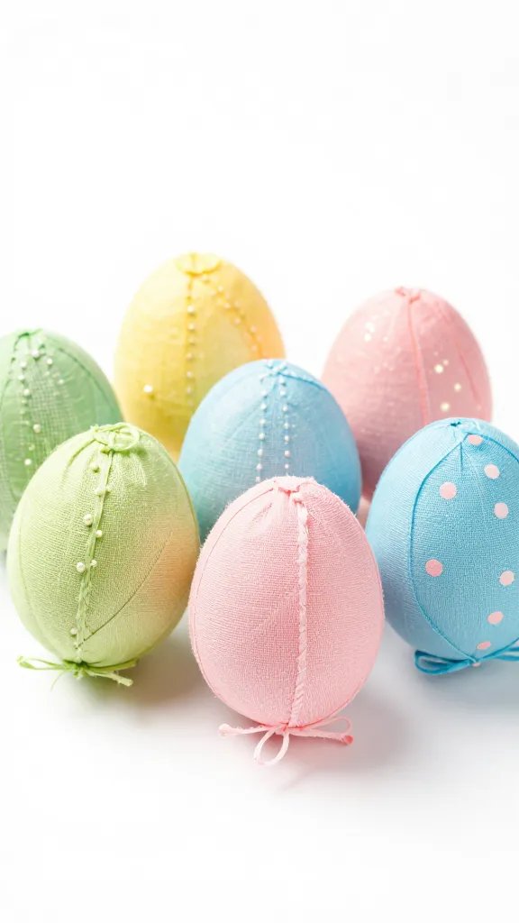 Chic fabric-wrapped Easter eggs, white background.