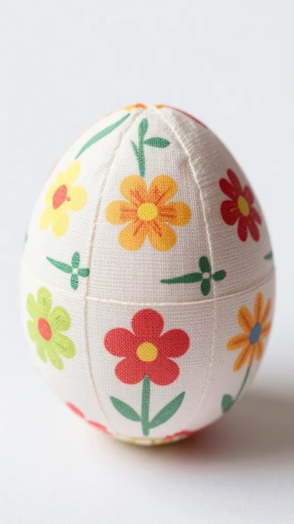 Close-up, patterned fabric-wrapped Easter egg.