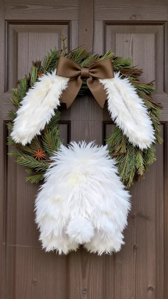 Fluffy bunny butt wreath, rustic porch door.