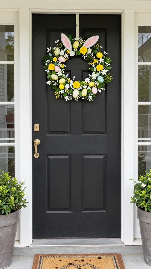 Whimsical Easter porch decor, spring flowers.