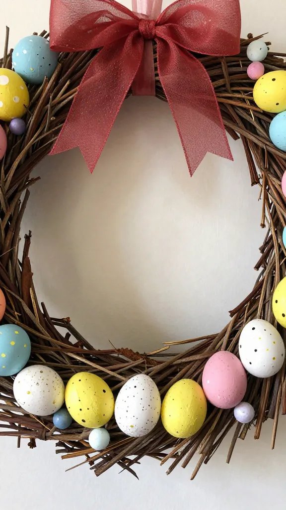 Handmade Easter wreath, close-up, natural light.
