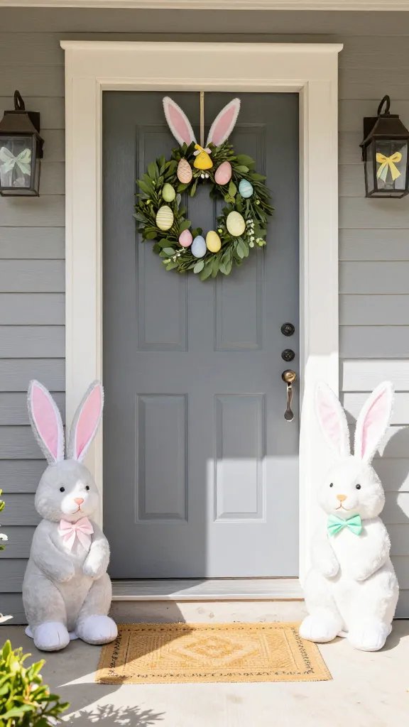 Inviting Easter porch, pastel decorations, sunlight.