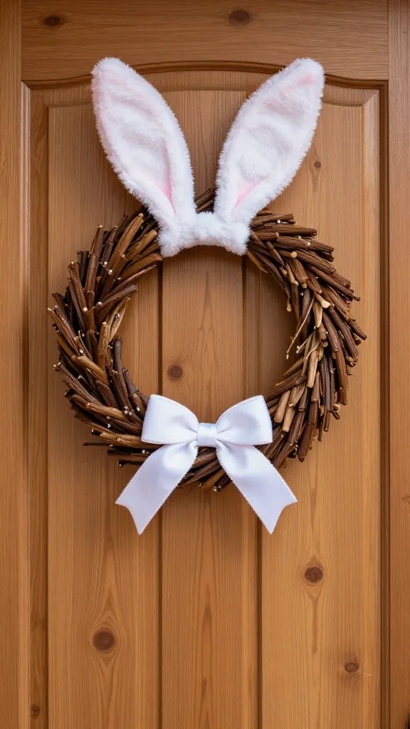 Bunny butt wreath, playful, on wooden door.