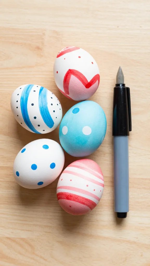 Sharpie decorated eggs, natural wooden surface.