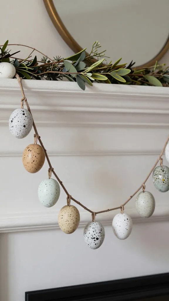 Speckled egg garland draped elegantly on mantle.