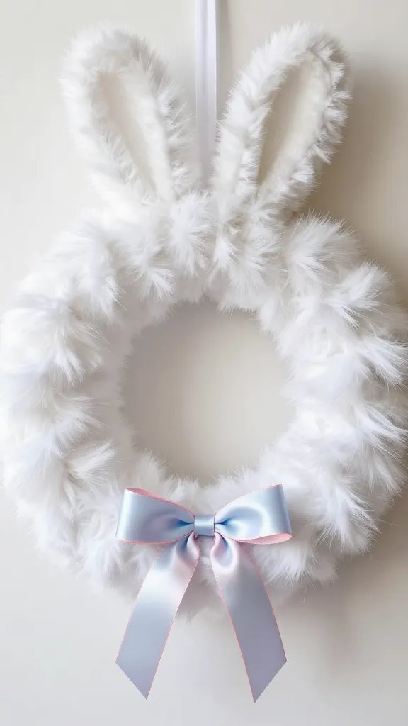 Fluffy white bunny wreath, pastel ribbon.