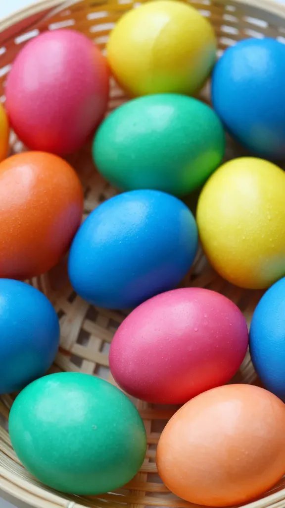 Painted plastic Easter eggs in basket.