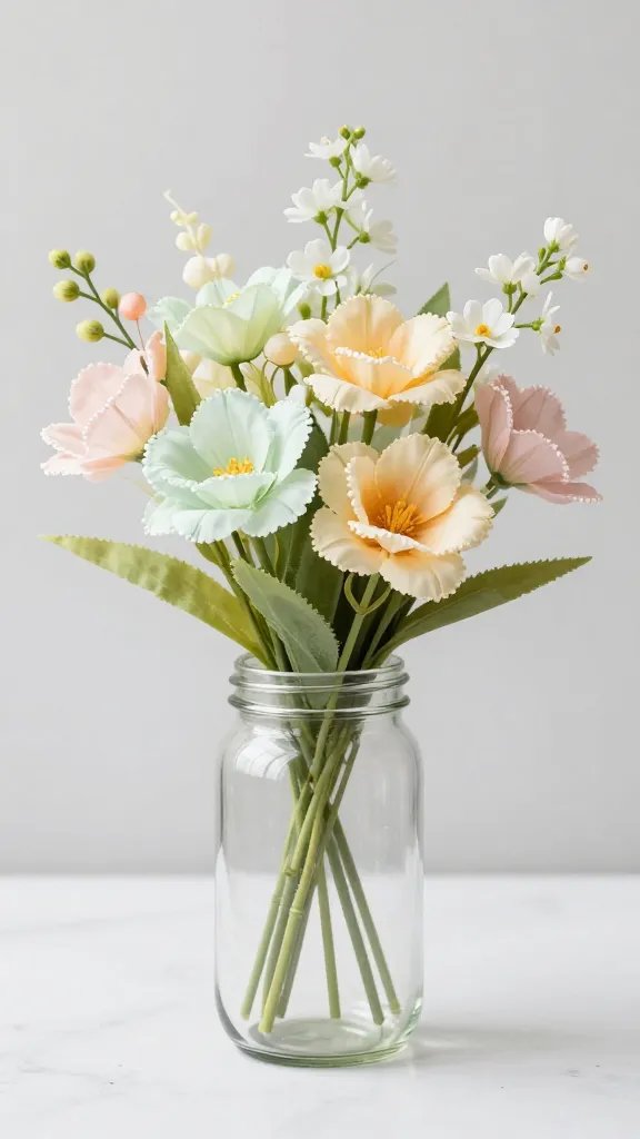 Mason jar vase, pastel faux Easter flowers.