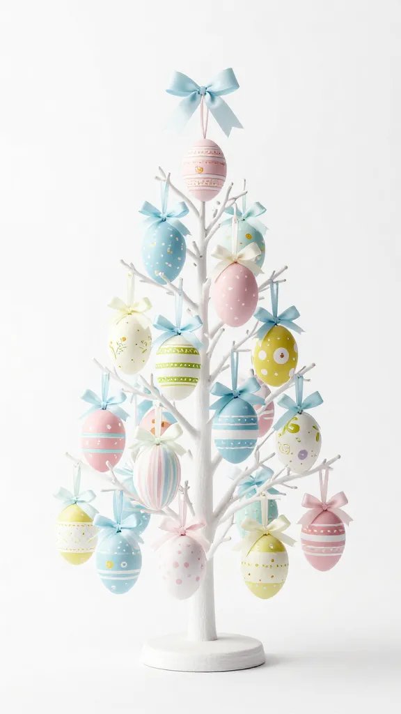 Ribbon-wrapped Easter egg tree, white branches.