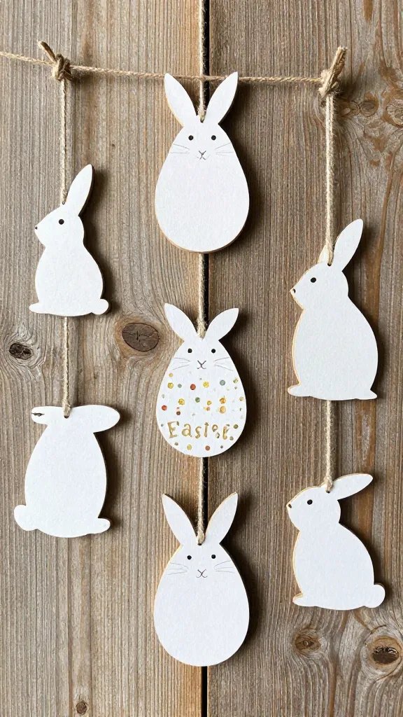 Handmade Easter decor, rustic wooden background.