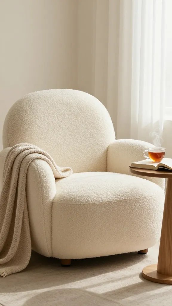 A high-quality, realistic photograph of a luxurious, oversized bouclé accent chair, in a soft, creamy off-white color. The chair's distinct looped, fuzzy texture is prominently visible, giving it a cloud-like, inviting appearance. It is perfectly positioned in a modern, sunlit reading nook, with warm, diffused natural light subtly highlighting its plushness. A cozy, neutral-toned throw blanket is draped artfully over one arm, and a small, minimalist wooden side table next to it holds a steaming cup of tea and an open book. The scene exudes unparalleled comfort and modern elegance, ideal for a serene reading escape.