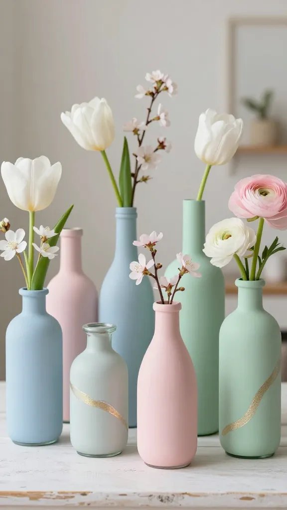 Pastel painted bottle vases inspired by Easter eggs make beautiful spring accents. These upcycled pieces are easy Easter Craft Decorations and beginner‑friendly Easter Projects that instantly brighten any room with soft seasonal color. Tap to see how to make Painted Easter Egg Vases.