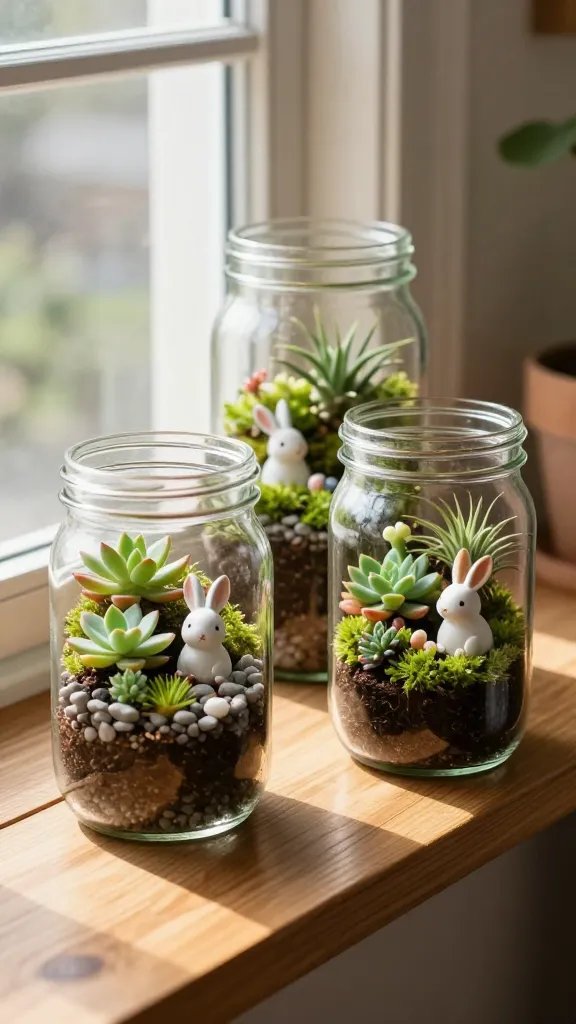 Mini mason jar terrariums with tiny bunnies make adorable spring accents. They’re unique Easter Craft Decorations and creative Easter Projects that bring a whimsical woodland feel to your home. Tap to see how to make Mason Jar Bunny Terrariums.