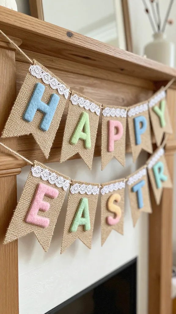 A burlap and lace Easter banner adds rustic elegance to your spring décor. These handmade flags are classic Easter Craft Decorations and simple Easter Projects that bring warmth and texture to any space. Tap to see how to make Burlap & Lace Banner.