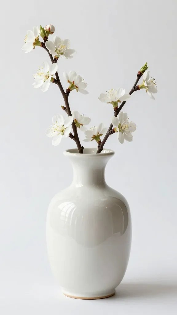 Trendy ceramic thrifted vase, spring blossoms.