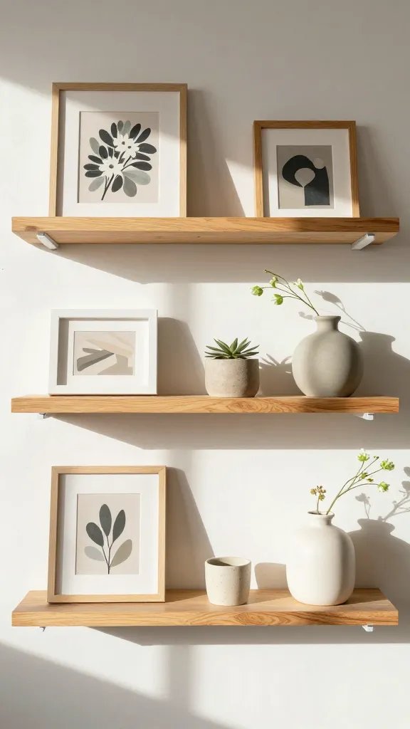 Unique thrifted art objects, sunny spring shelf.