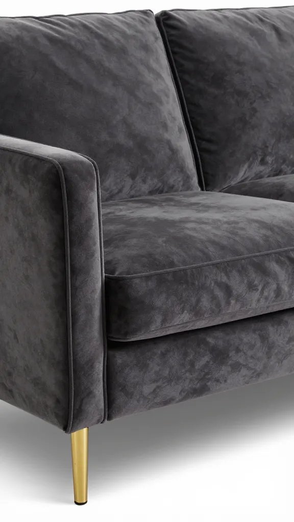 **Plush velvet sofa in charcoal with gold legs**
