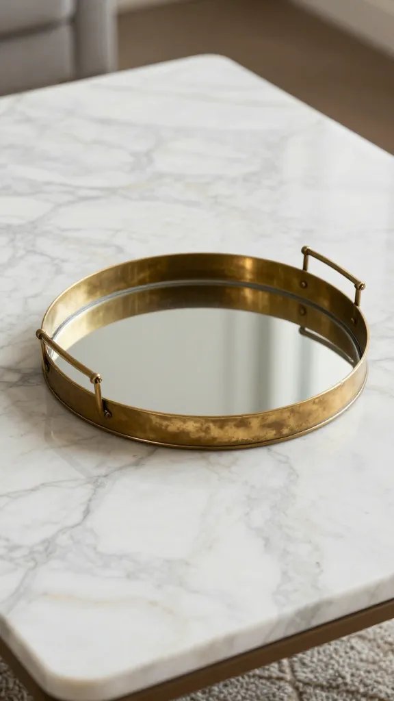 **Brass and glass coffee tray on marble coffee table**