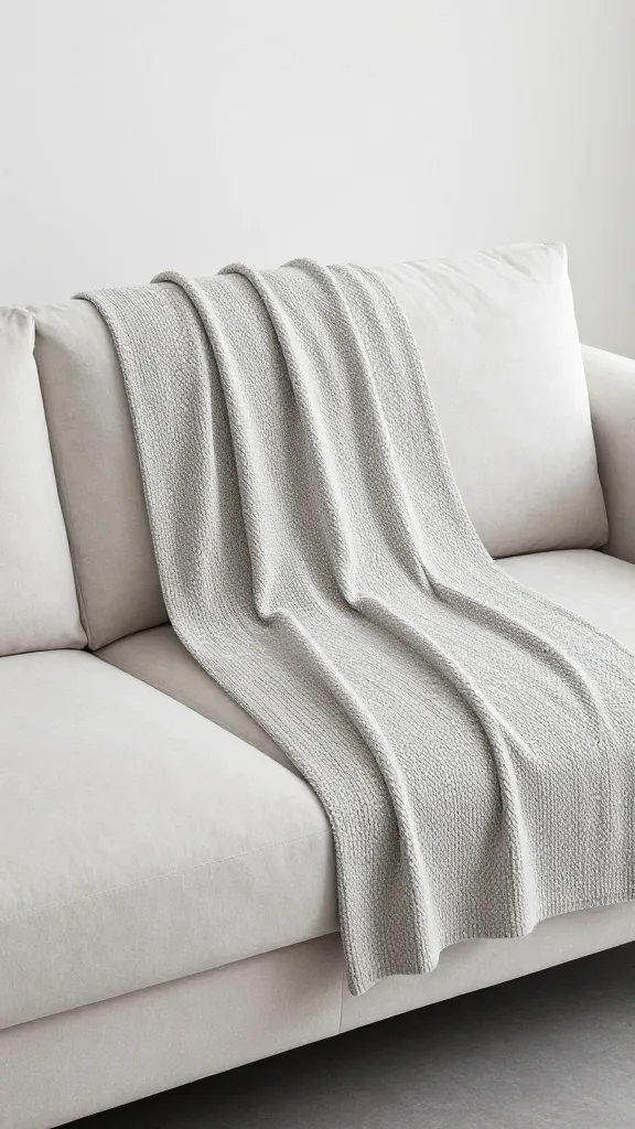 Sleek modern sofa, textured throw, clean lines.