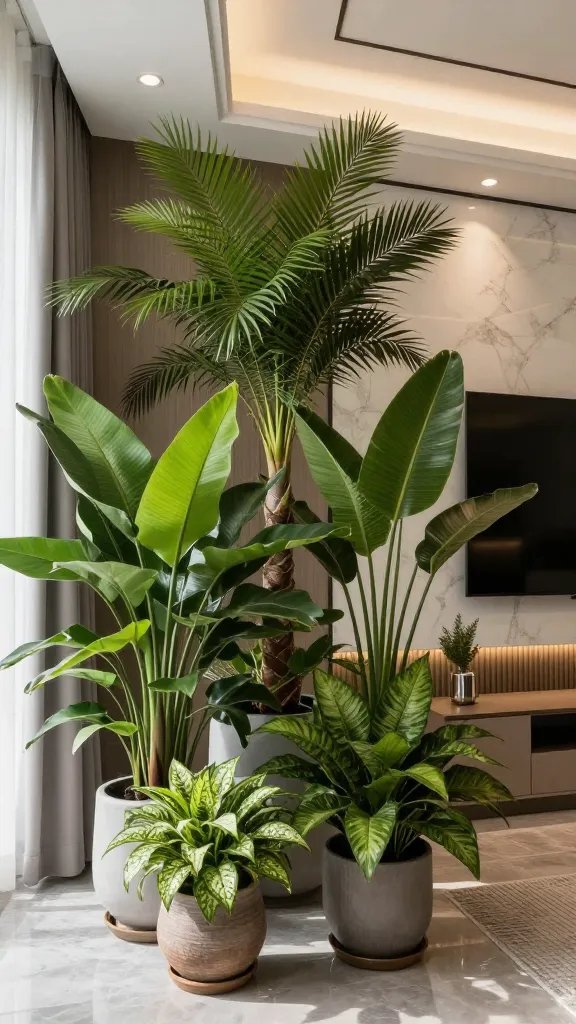 Lush indoor plants in modern luxury living room.