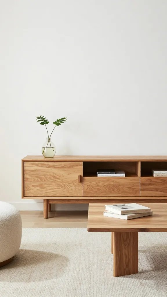 Sustainable chic living room, natural wood accents.
