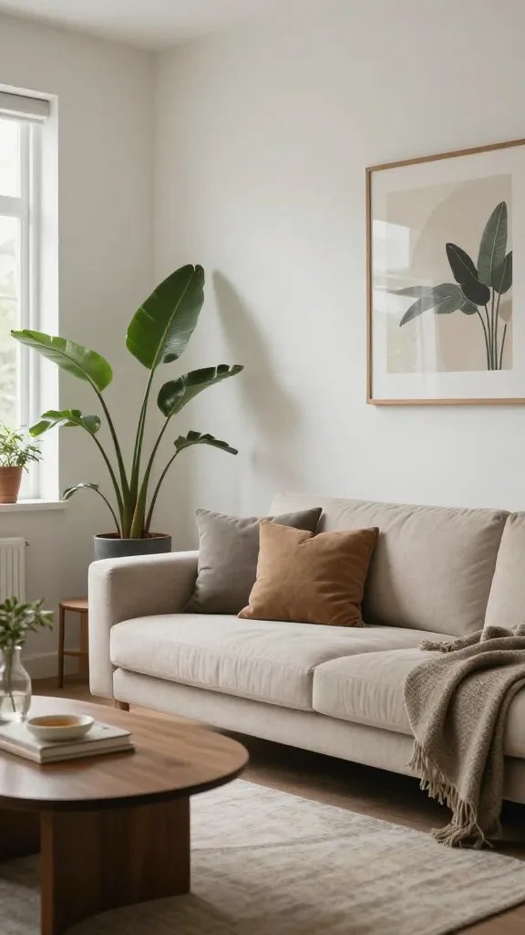 Calm living room, biophilic design, soft light.