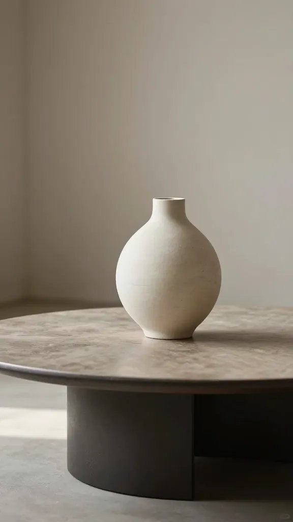 Modern coffee table, sculptural vase, soft light.