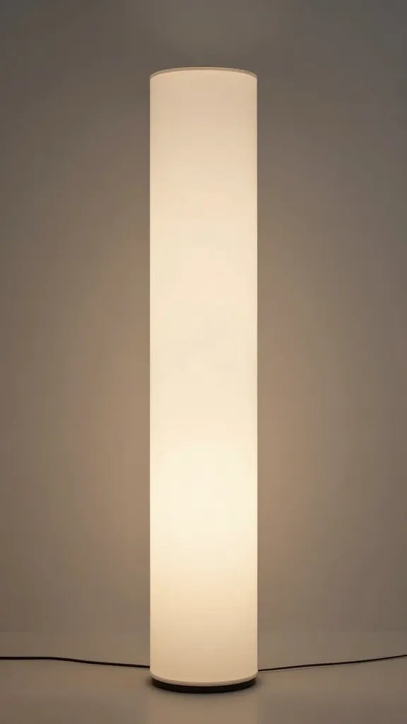 Sculptural floor lamp, minimalist design, soft glow.