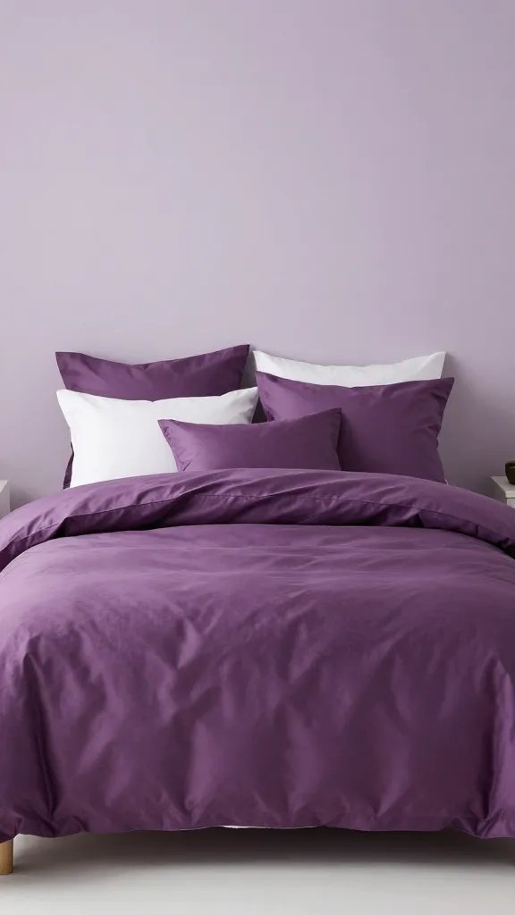 Vibrant plum bedroom, spring light, fresh linens.