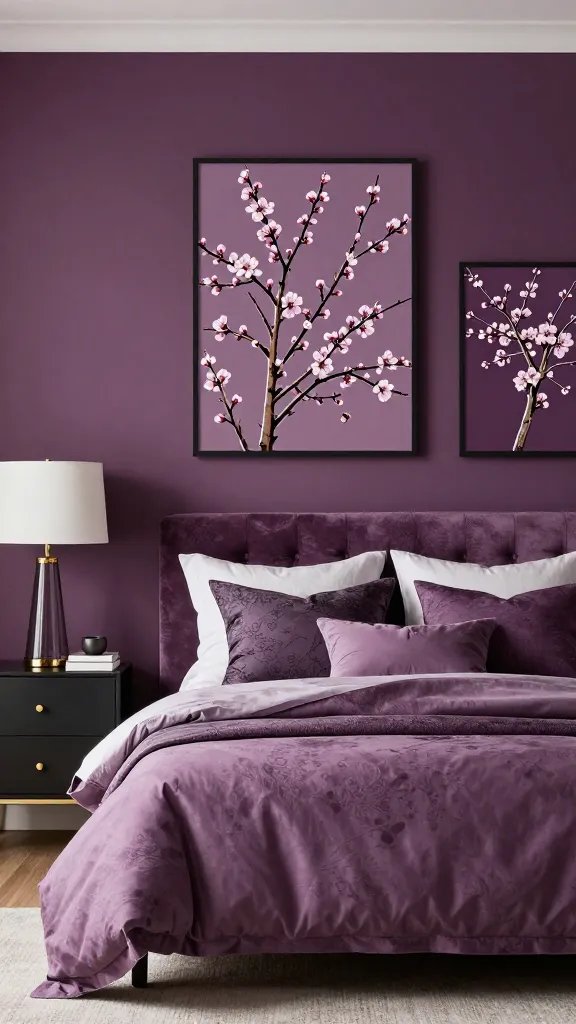 Chic plum bedroom, sophisticated spring decor.