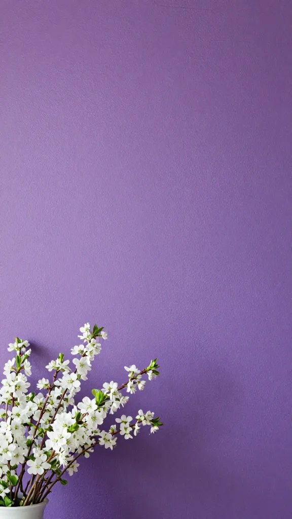 Regal plum accent wall, fresh spring flowers.