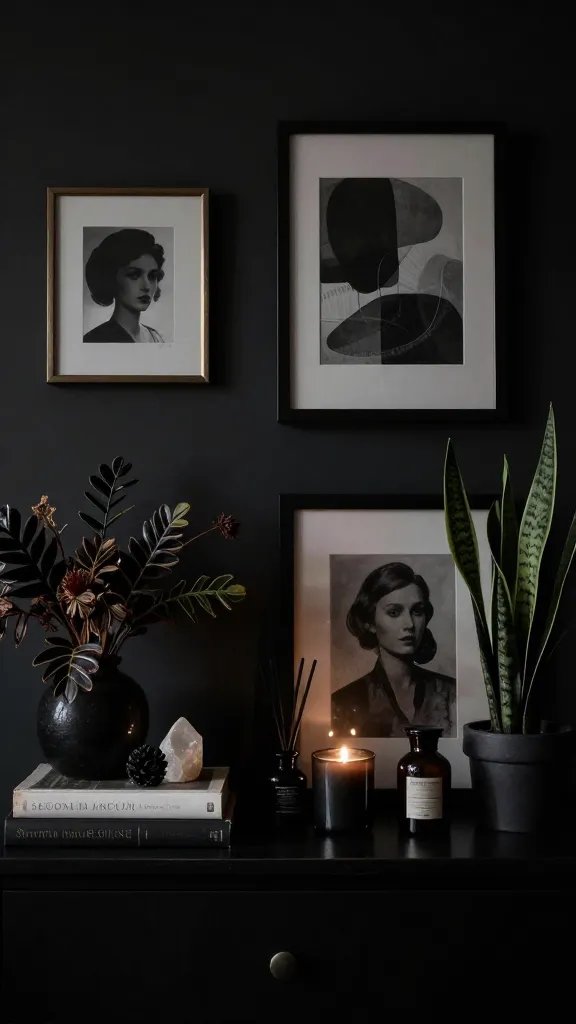 Intimate dark bedroom, deep shadows.