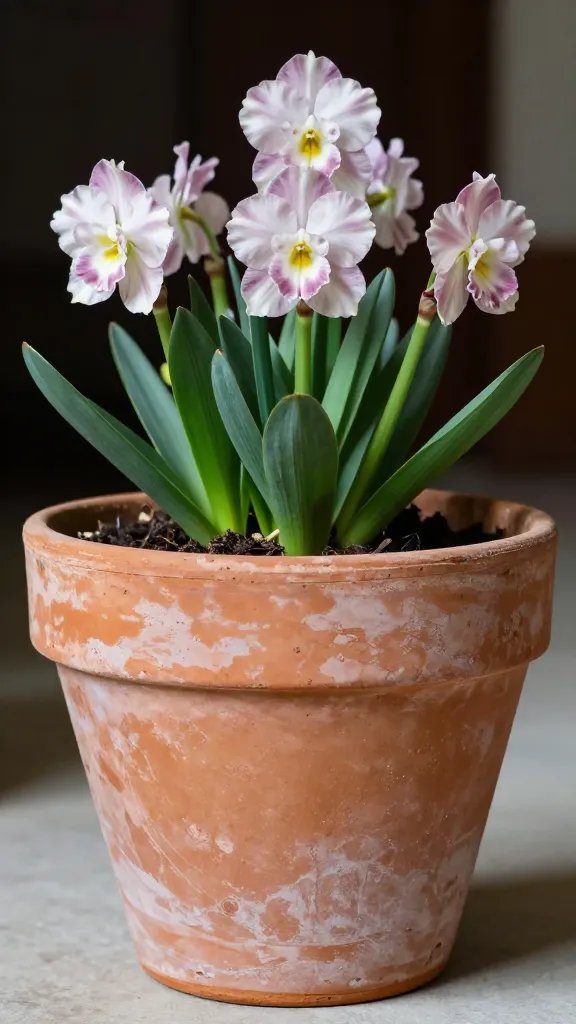 Weathered terracotta pot, spring blooms.