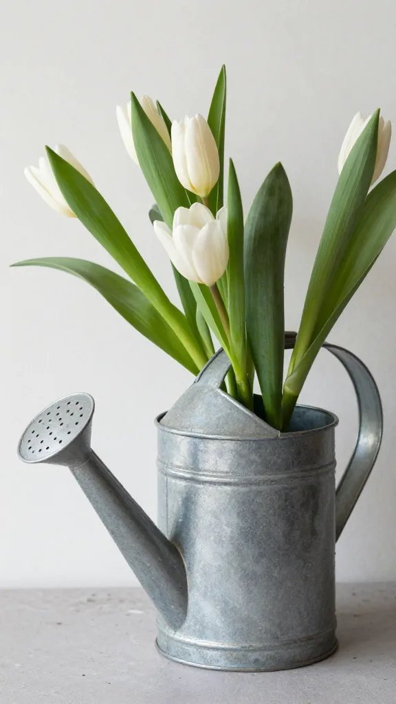 Aged watering can, fresh cut flowers.