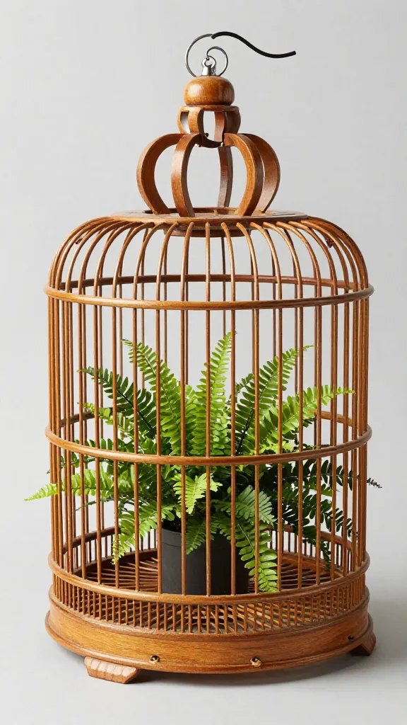 Rustic wooden birdcage, potted fern.