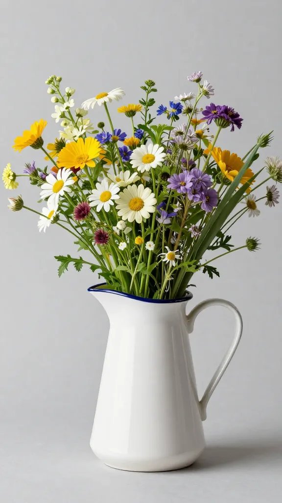 Chipped enamel pitcher, wildflowers bouquet.