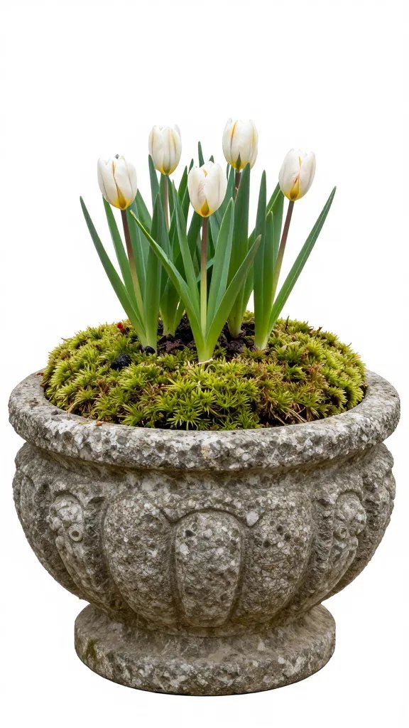 Mossy stone planter, delicate spring bulbs.