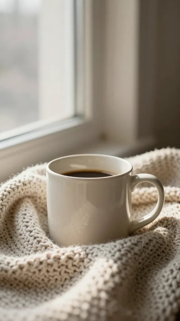 Warm mug, knitted blanket, soft window light.