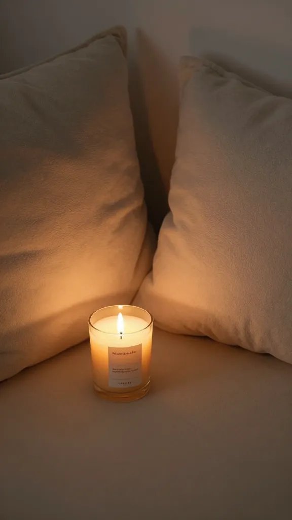 Cozy corner, flickering candle, plush cushions.