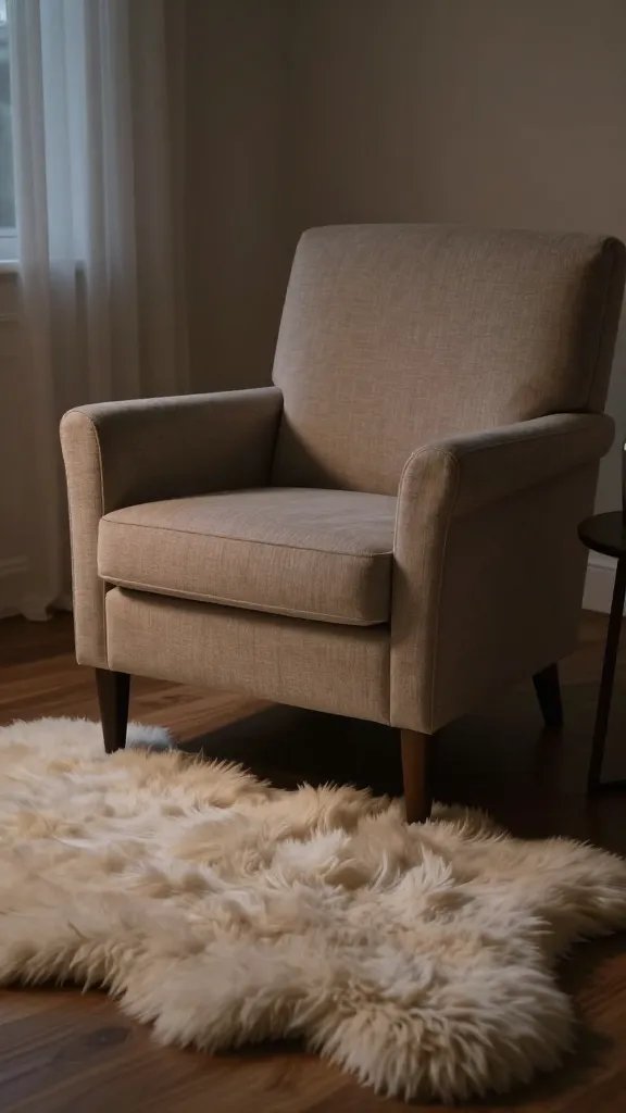 Comfortable armchair, sheepskin rug, quiet evening.