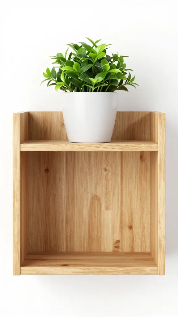 Empty wooden shelf, single potted plant.