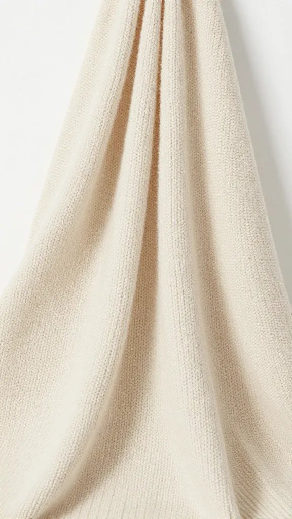 Cream knitted throw, soft light, cozy texture.