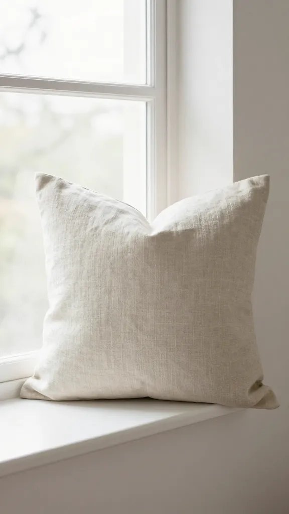 Linen throw pillow, beige, subtle texture, bright window.